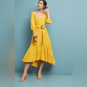 Maeve By Anthropologie Artemis Yellow Belted Asymmetric Midi Dress Size 2
